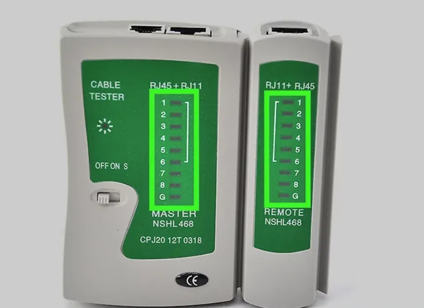 Ethernet cable tester showing pin-to-pin continuity results