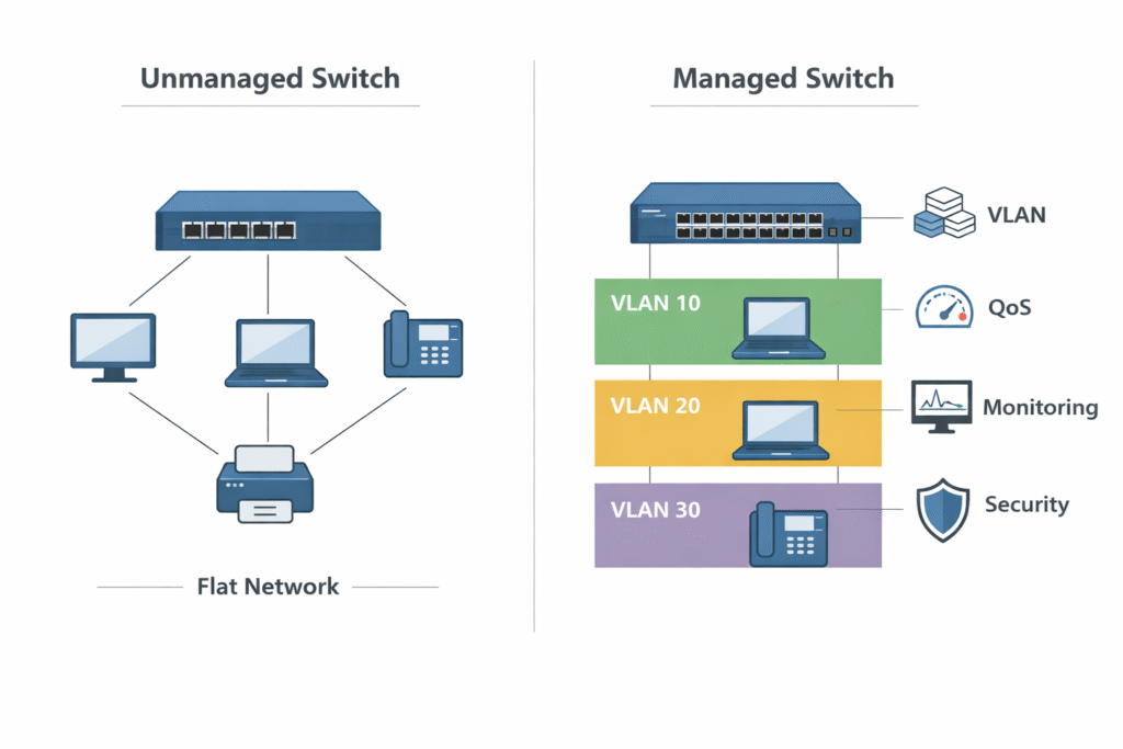 managed vs unmanaged switch network architecture comparison diagram