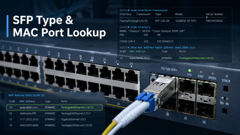 Cisco switch CLI showing SFP type check and MAC address port lookup