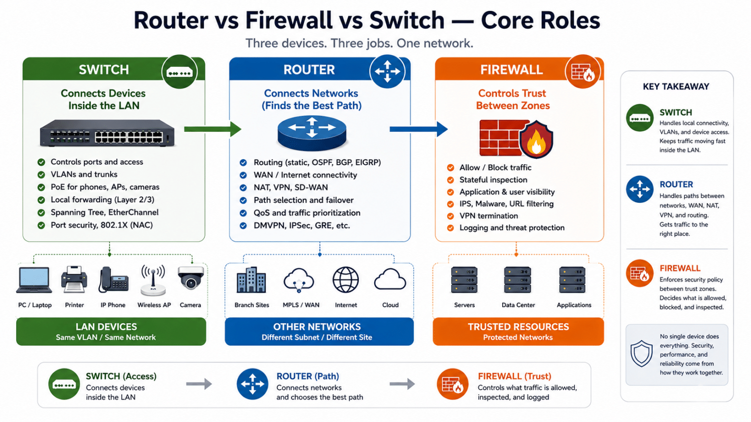 Router vs firewall vs switch diagram showing a switch connecting LAN devices, a router connecting networks, and a firewall controlling trust.