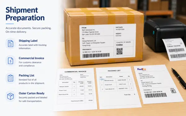 Tracking number, Commercial Invoice, and Packing List preparation