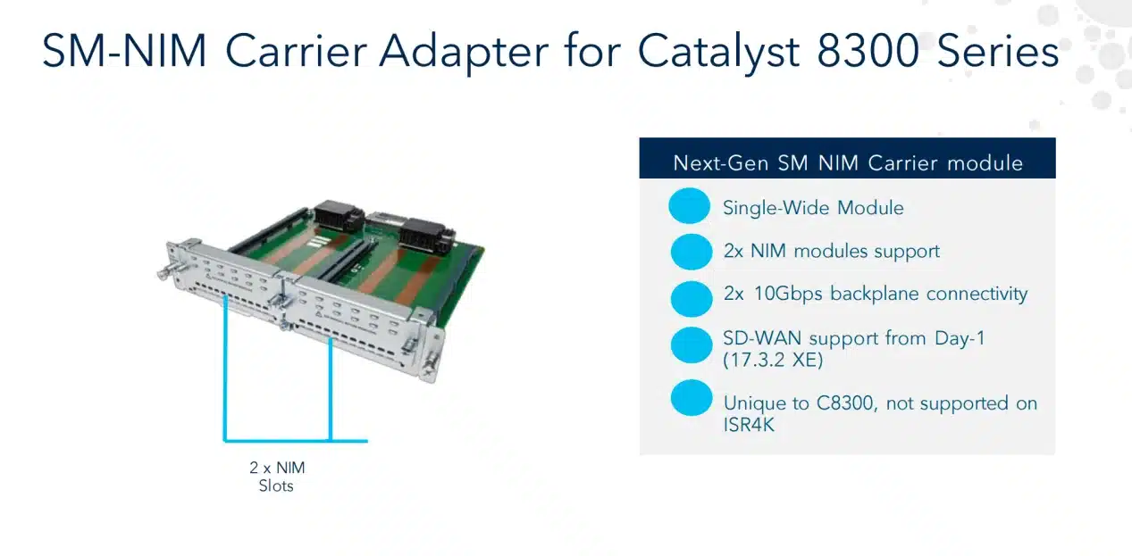 C-SM-NIM-ADPT carrier adapter for the Catalyst 8300 converting one single-wide SM slot into two NIM bays with dual 10 Gbps backplane links