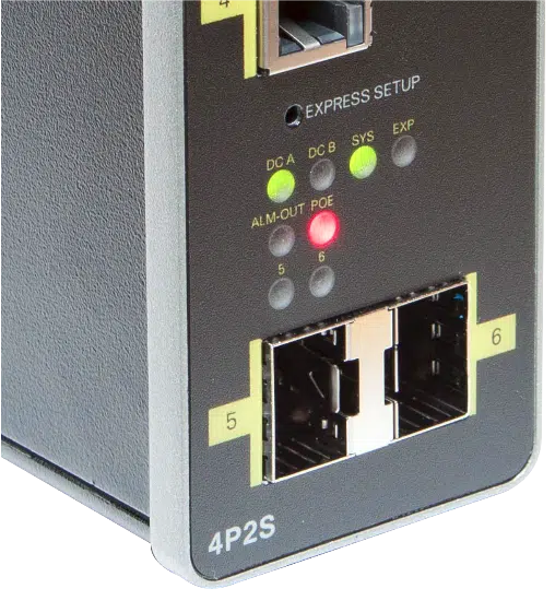 Express Setup button and status LEDs on a Cisco IE1000 PoE model