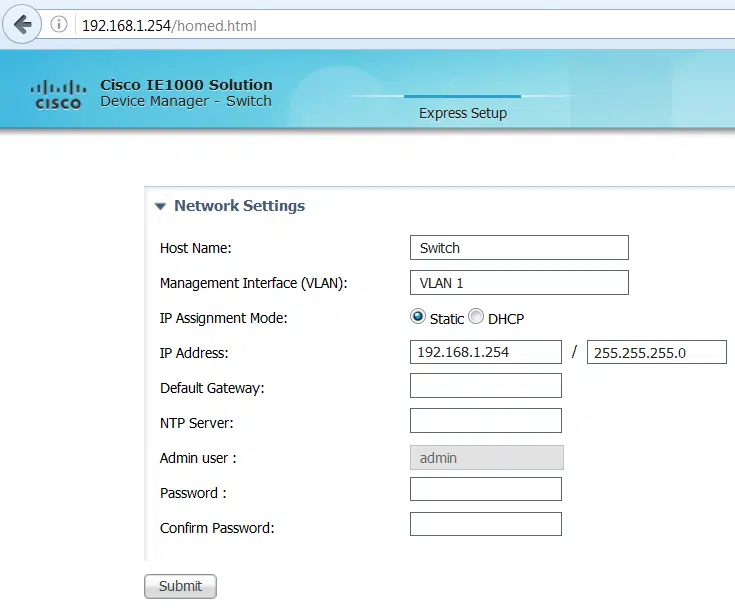 Cisco IE1000 Express Setup network settings page