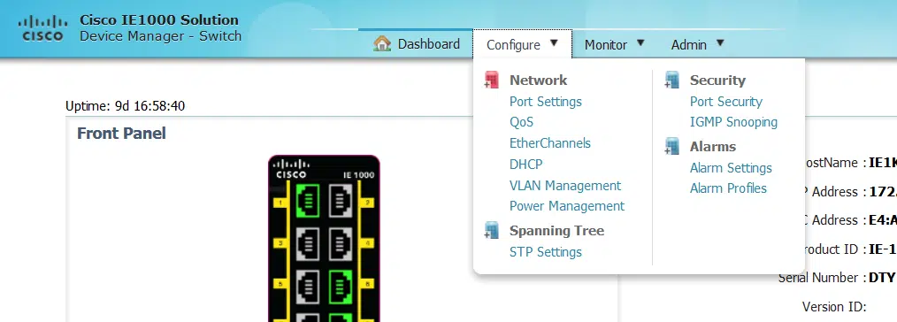 Cisco IE1000 Device Manager configuration menu