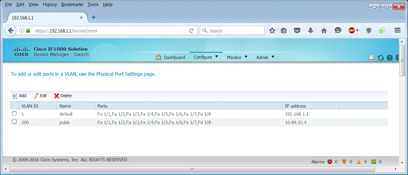 Cisco IE1000 VLAN management page