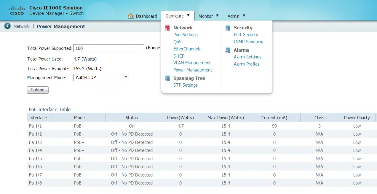 Cisco IE1000 PoE management page