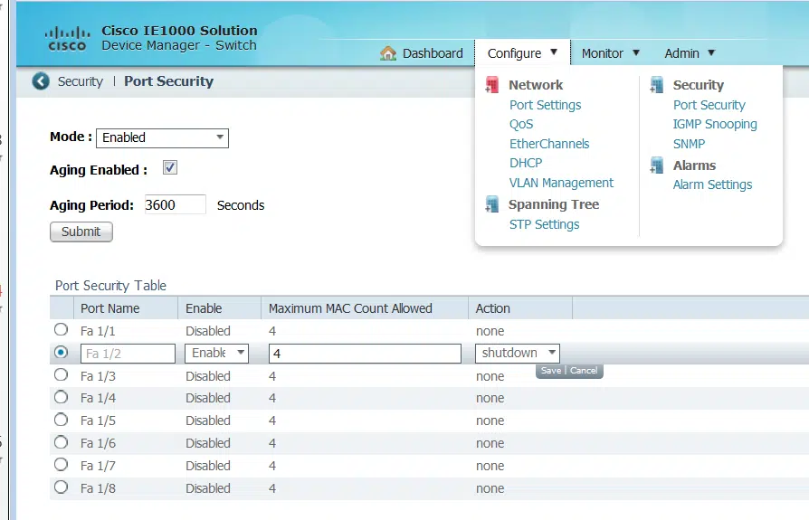 Cisco IE1000 port-security settings