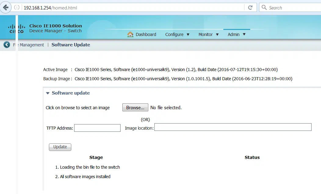 Cisco IE1000 software update and backup page