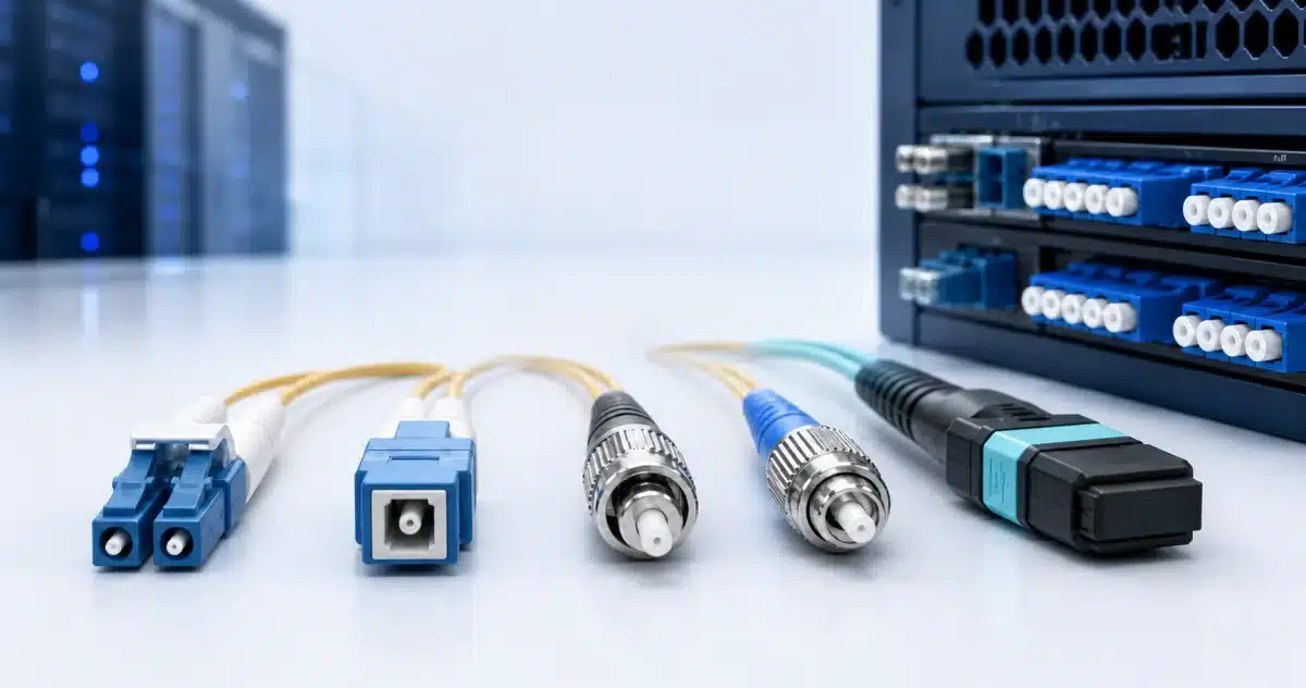 Assorted fiber-optic patch cords with latch, push-pull, circular, and multi-fiber connector shapes beside a fiber patch panel