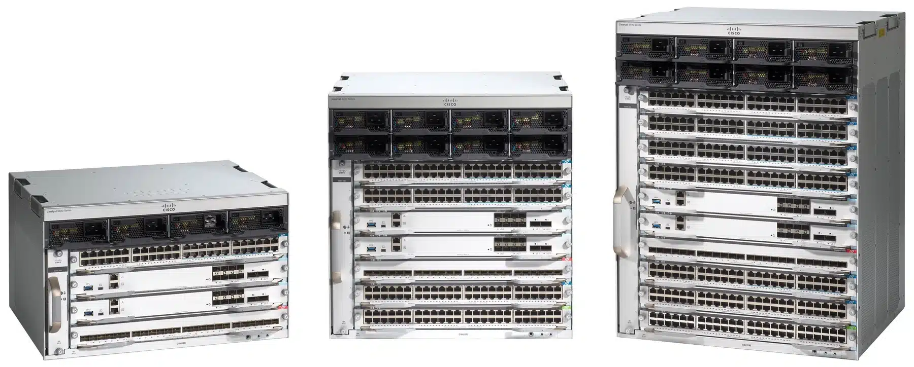 Cisco Catalyst 9400 chassis: C9404R on the left, C9407R in the center and C9410R on the right