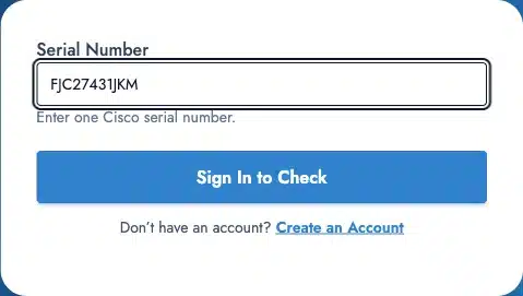 Current Layer23 Cisco serial number tool form with a sample serial number entered