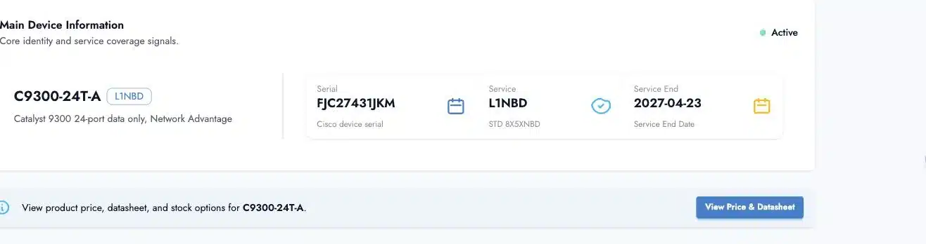 Current Layer23 Cisco serial number result showing product ID, service level, status, and service end date