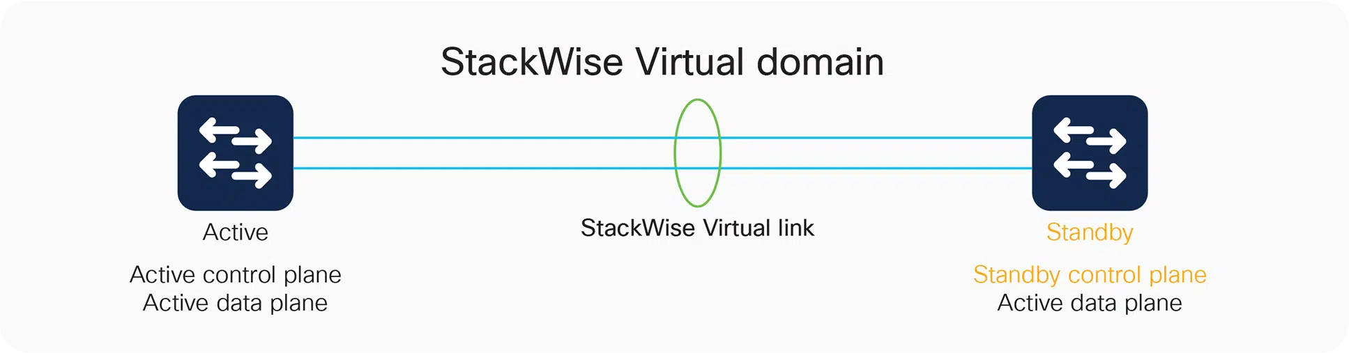 A StackWise Virtual pair with one active control plane and active forwarding on both switches.